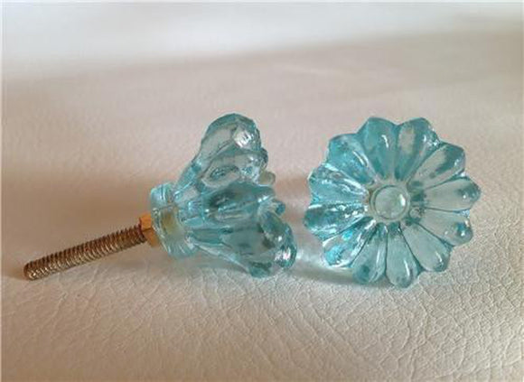 Soft Aqua Blue Daisy Glass Cabinet Knobs Pulls 1.25 Inch (s)-Dwyer Home Collection