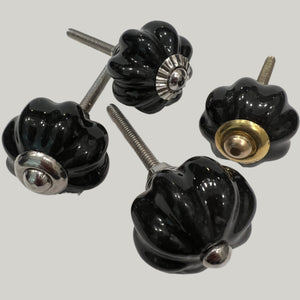 Black Porcelain Cabinet Knobs Scalloped Edges 1.25 Inch