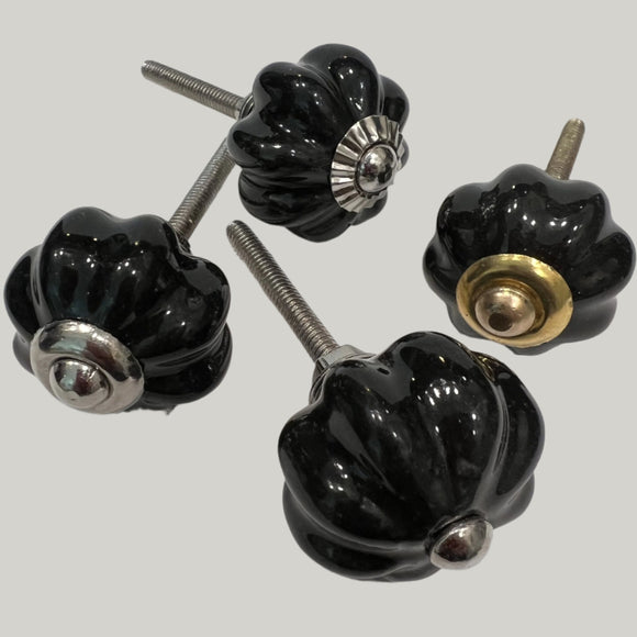 Black Porcelain Cabinet Knobs Scalloped Edges 1.25 Inch