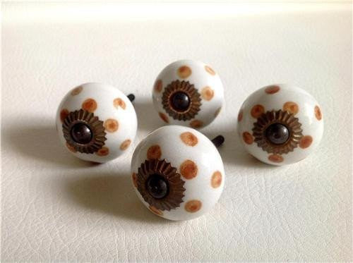 Caramel Polka Dot Cabinet Knobs Drawer Pulls Set of 4 Porcelain 1.25 In-Dwyer Home Collection