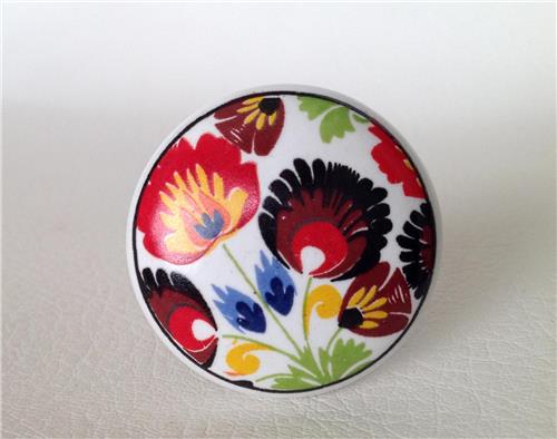 Colorful Flowers on White Porcelain Cabinet Knobs Drawer Pulls
