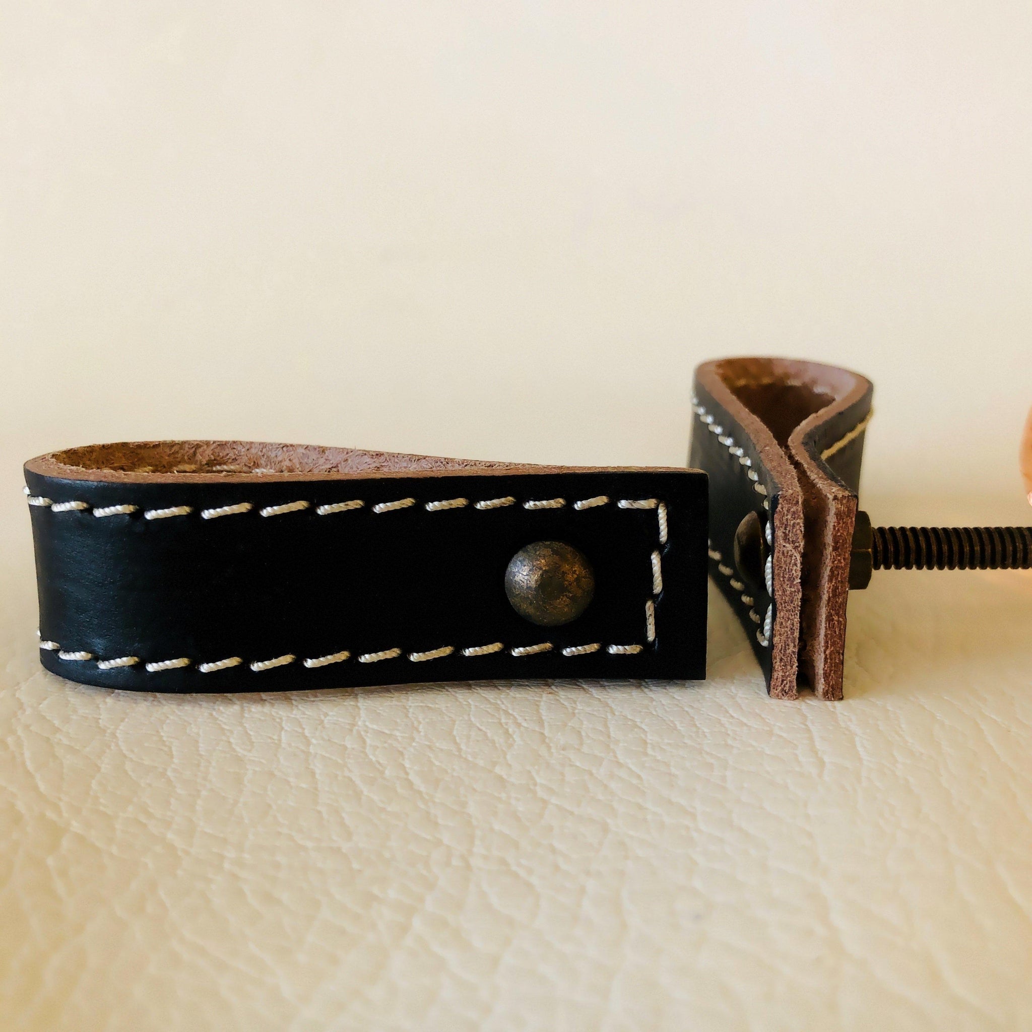 Leather Loop Drawer Pulls Chocolate Brown or Black With Topstitching-Dwyer Home Collection